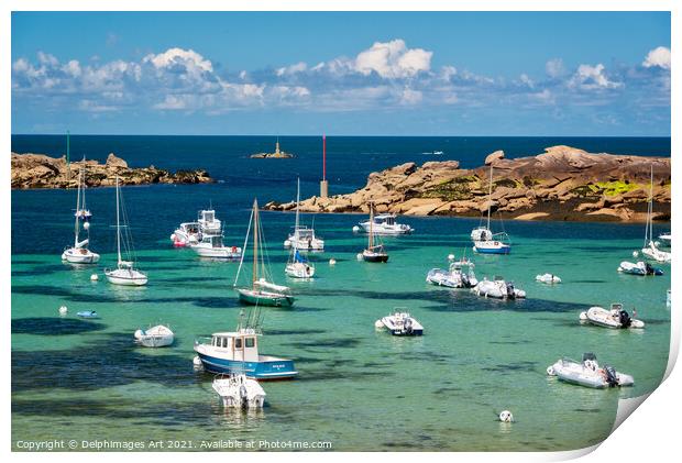 Boats and transparent water beach in Brittany Print by Delphimages Art