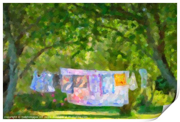 Laundry hanging in a garden in summer Print by Delphimages Art