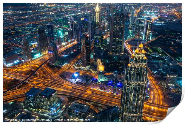 Dubai aerial view at night from Burj Khalifa tower Print by Delphimages Art