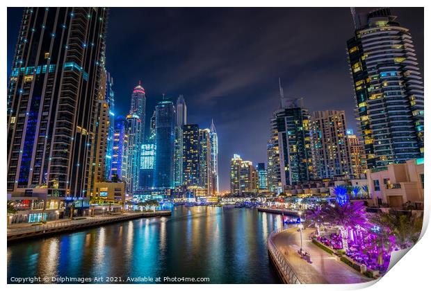 Dubai marina walk at night,  United Arab Emirates Print by Delphimages Art
