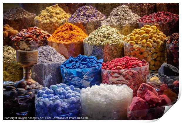 Colourful piles of spices in Dubai old souk, UAE Print by Delphimages Art
