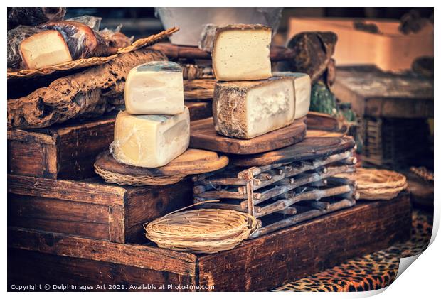 Italian pecorino cheese on a wooden rustic display Print by Delphimages Art