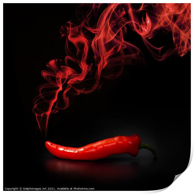 Hot smoking red chili pepper on black background Print by Delphimages Art