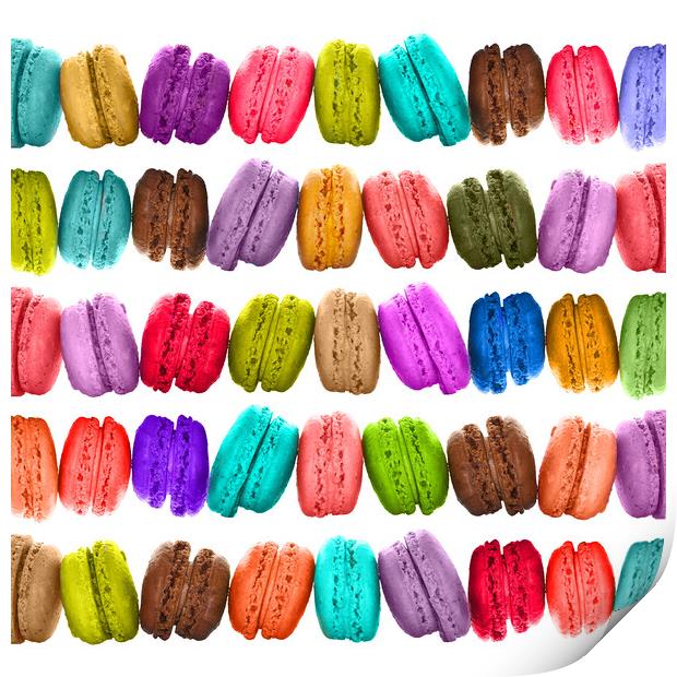 Rows of brightly colored French macarons cookies Print by Delphimages Art