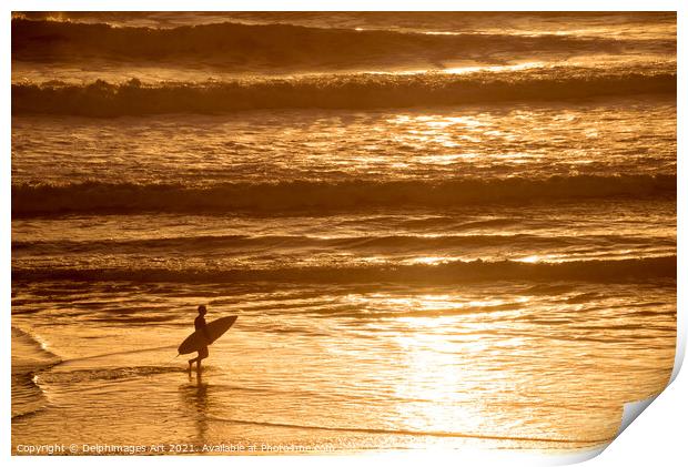 Silhouette of a surfer at sunset in the ocean Print by Delphimages Art
