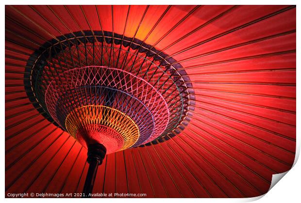 Japanese red umbrella view from inside Print by Delphimages Art
