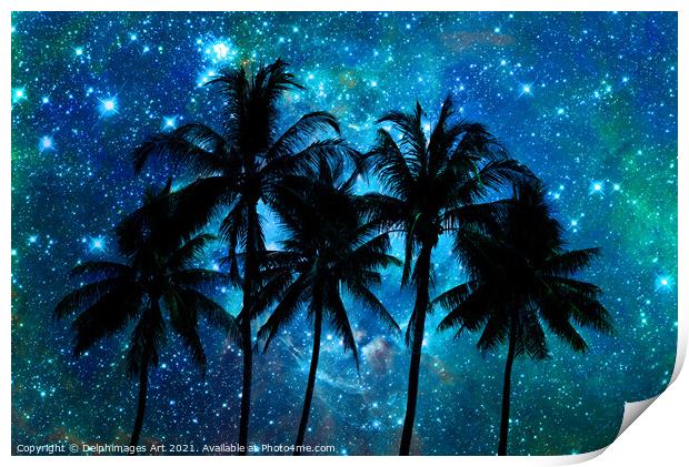 Palm trees silhouettes, tropical starry night sky Print by Delphimages Art