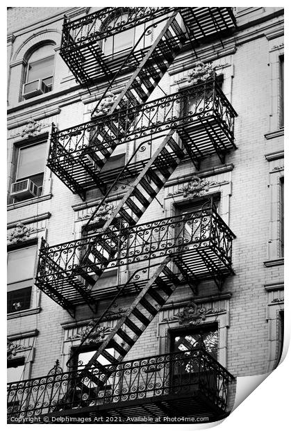 New York. Exit, fire escape stairs in Manhattan Print by Delphimages Art