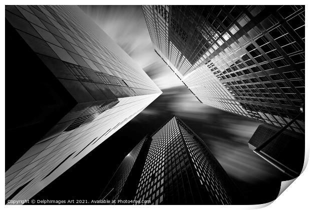 Modern architecture, looking up at glass buildings Print by Delphimages Art