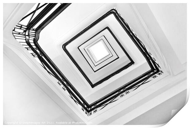 Square spiral staircase black and white abstract Print by Delphimages Art