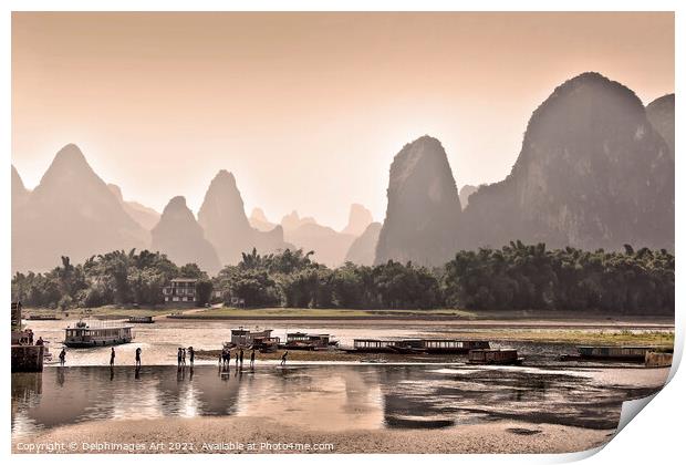 China. Landscape of Li river at sunset near Guilin Print by Delphimages Art