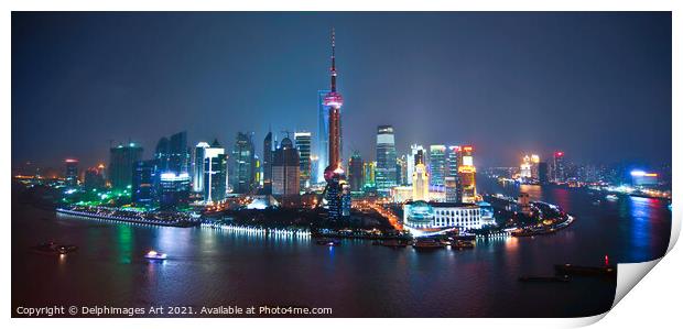 Shanghai, China. Skyline panoramic view at night Print by Delphimages Art