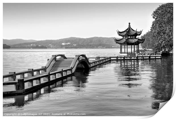Chinese bridge on Hangzhou lake, China Print by Delphimages Art