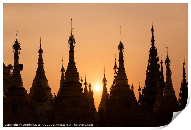Myanmar. Shwedagon pagoda at sunset, Yangon Print by Delphimages Art