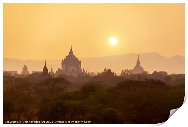 Myanmar landscape. Sunset in Bagan, Burma Print by Delphimages Art