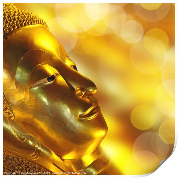 Golden Reclining Buddha head, Bangkok, Thailand Print by Delphimages Art