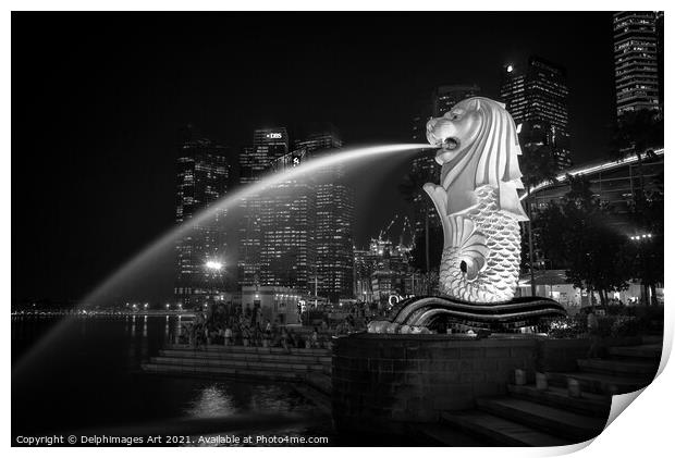 Singapore Merlion fountain, black and white Print by Delphimages Art