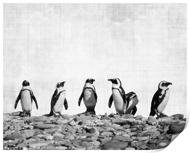 Row of Penguins. Funny animals, black and white Print by Delphimages Art