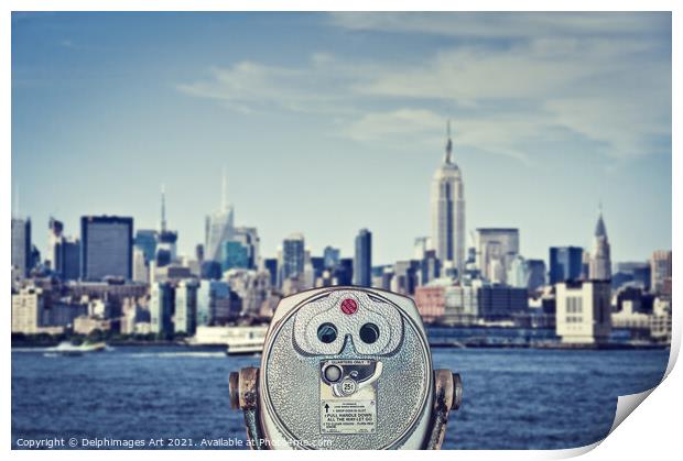 New York. Manhattan skyline and vintage binoculars Print by Delphimages Art
