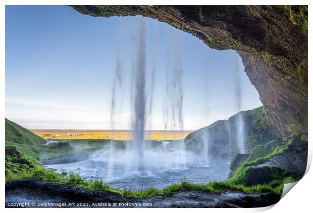 Iceland. Walking behind Seljalandsfoss waterfall Print by Delphimages Art