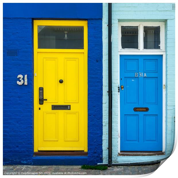 Blue and yellow doors Notting Hill, London  Print by Delphimages Art