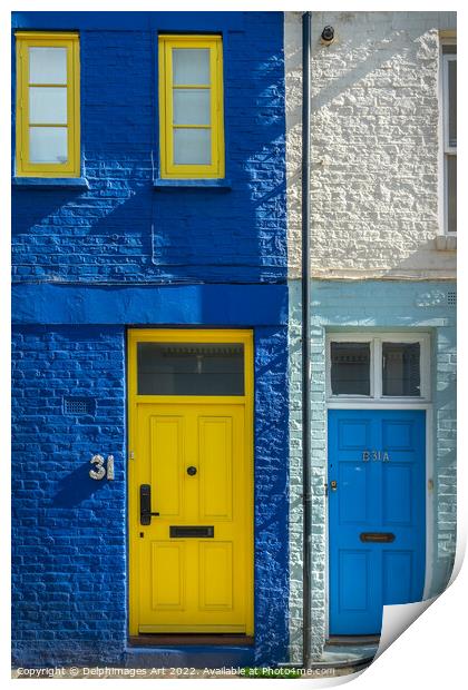 Notting Hill London. Blue and yellow doors Print by Delphimages Art