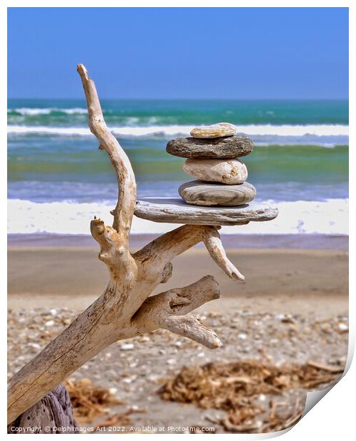 New Zealand, driftwood and balanced stones Print by Delphimages Art