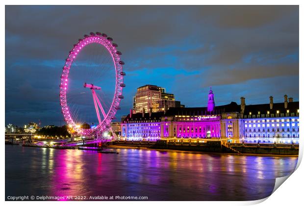 London Eye and river Thames at night Print by Delphimages Art