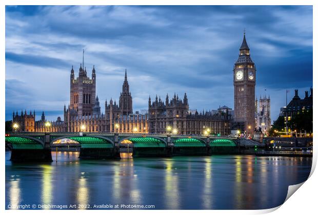 London. Westminster palace and bridge at night Print by Delphimages Art