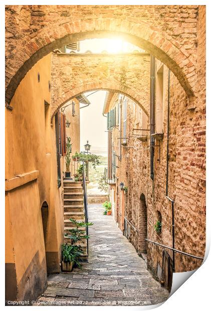 Tuscany. street in the village of Montepulciano Print by Delphimages Art