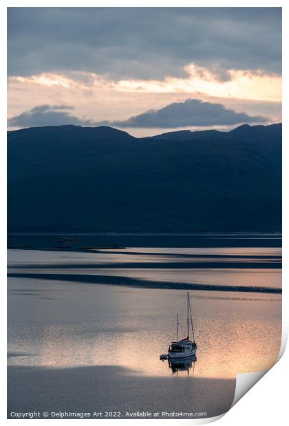 Sailing boat at sunset in Loch Carron, North West  Print by Delphimages Art