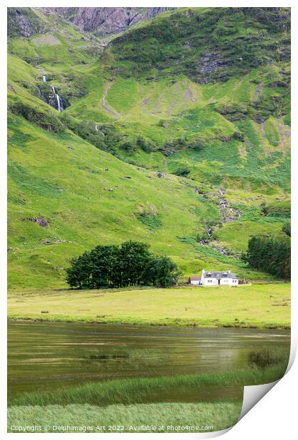 Lone house in Glen Coe valley, Highlands of Scotla Print by Delphimages Art