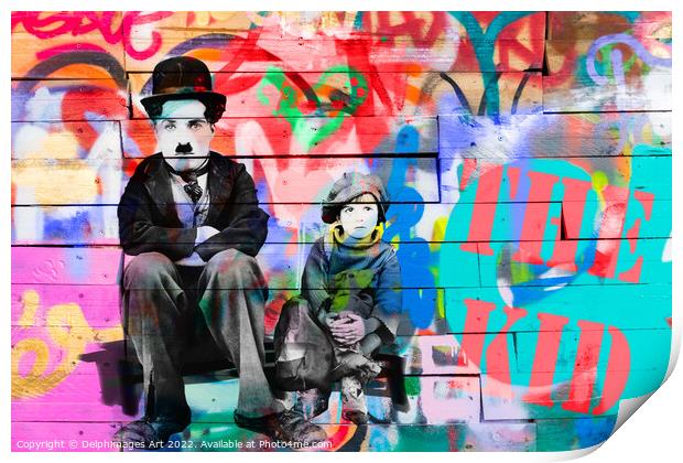 Charlie Chaplin and the Kid graffiti Print by Delphimages Art