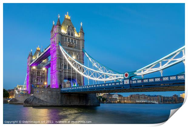 Tower bridge London at night Print by Delphimages Art