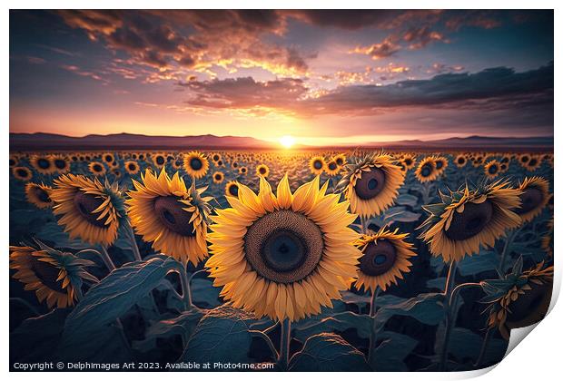 Sunflower field at sunset Print by Delphimages Art