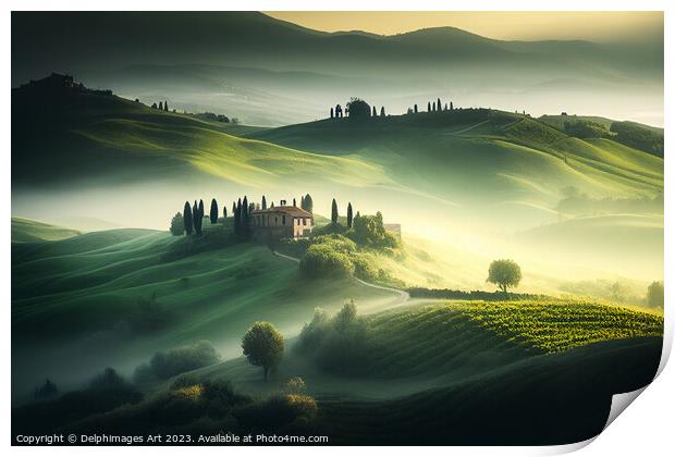 Tuscany misty landscape in spring Print by Delphimages Art