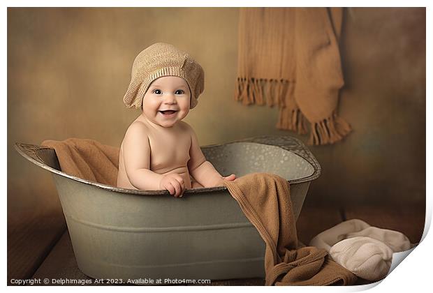 Bath time, baby in a vintage bathtub Print by Delphimages Art