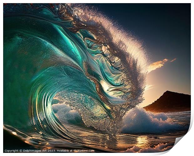 Surfing wave breaking Print by Delphimages Art