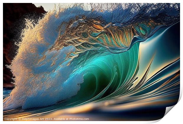 Abstract green surfing tube wave Print by Delphimages Art