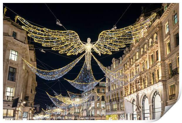 Angels Christmas lights in Regent street, London Print by Delphimages Art