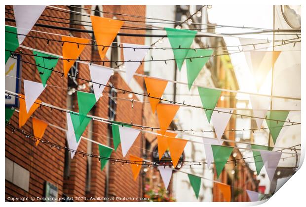 Irish flags garlands, Saint Patrick day in Dublin Print by Delphimages Art