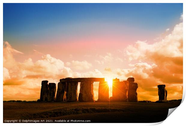 Stonehenge at sunset Print by Delphimages Art
