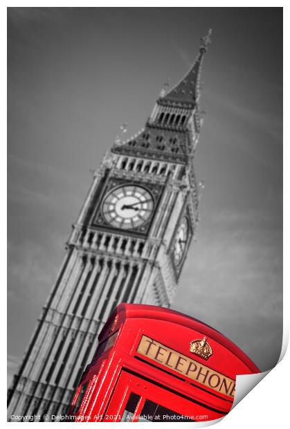 London telephone box and Big Ben Print by Delphimages Art