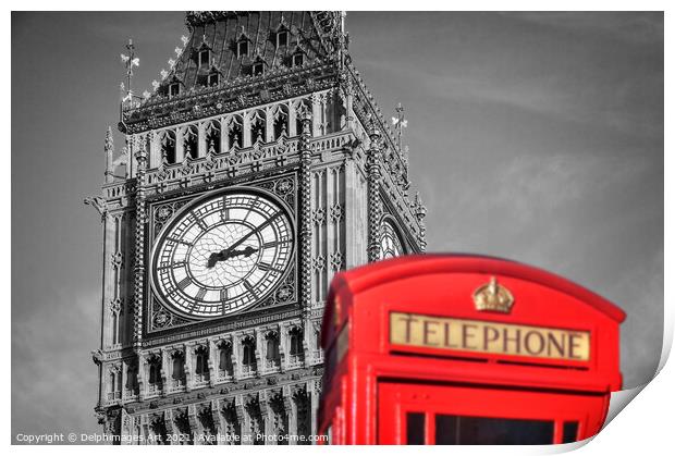 London. Red telephone box and Big Ben Print by Delphimages Art