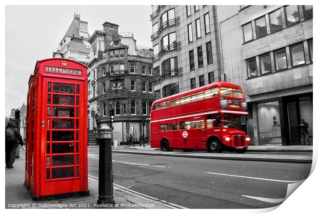 London. Red phone box and vintage bus Print by Delphimages Art