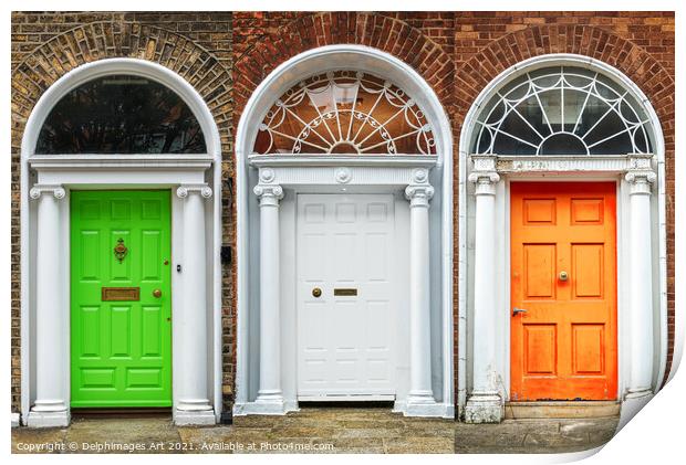 Patriot doors in Dublin, irish flag colours Print by Delphimages Art
