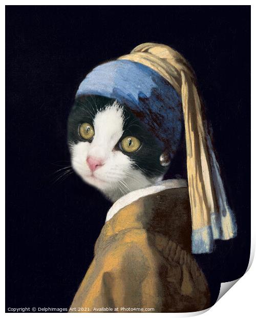 Portrait of a cat as the Girl with a Pearl Earring Print by Delphimages Art