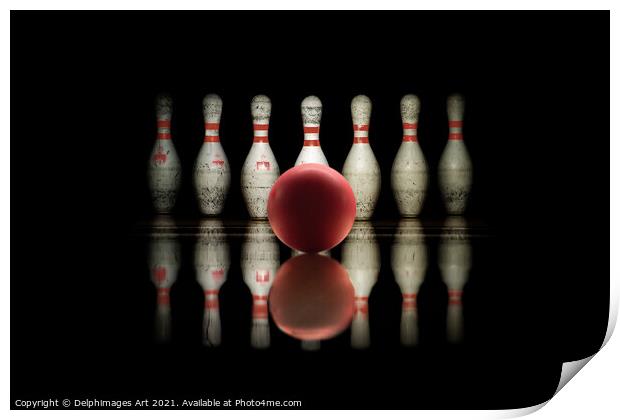 Strike, bowling ball and pins aligned on black  Print by Delphimages Art
