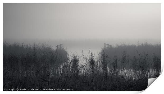 Waterways. Reeds and fences in misty Norfolk Broads Print by Martin Tosh