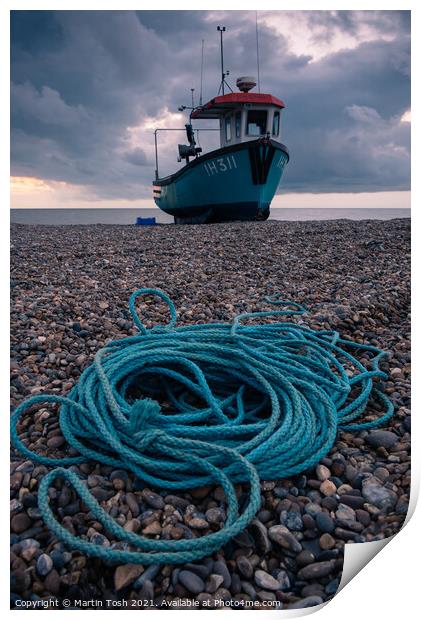 Ropey. Fishing boat and rope on shingle beach Print by Martin Tosh